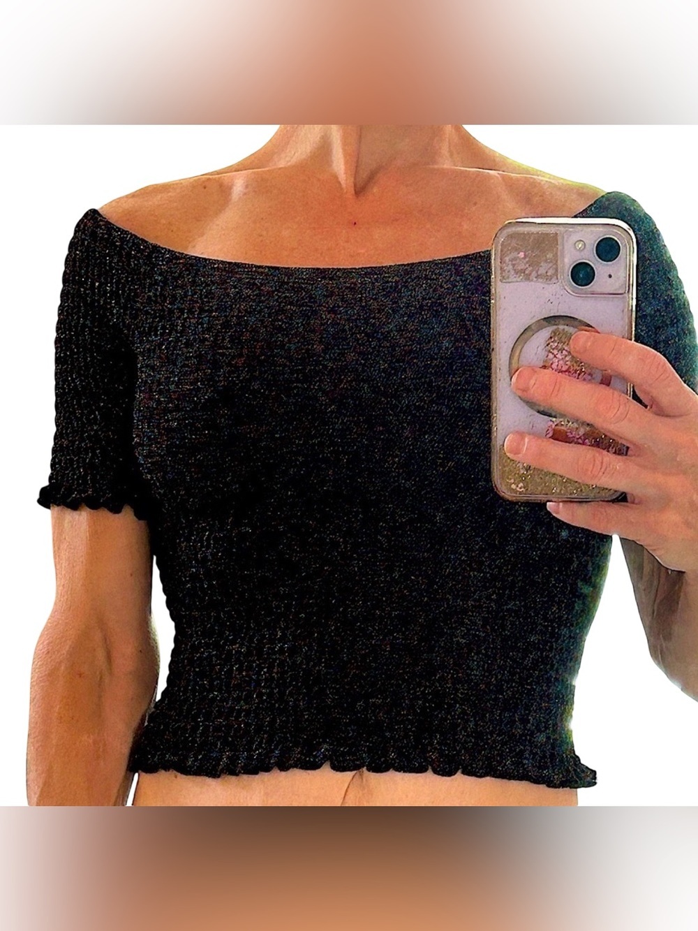 Urban Outfitters Smocked OffShoulder CropTop BLk Metallic Sparkle festival NWT M